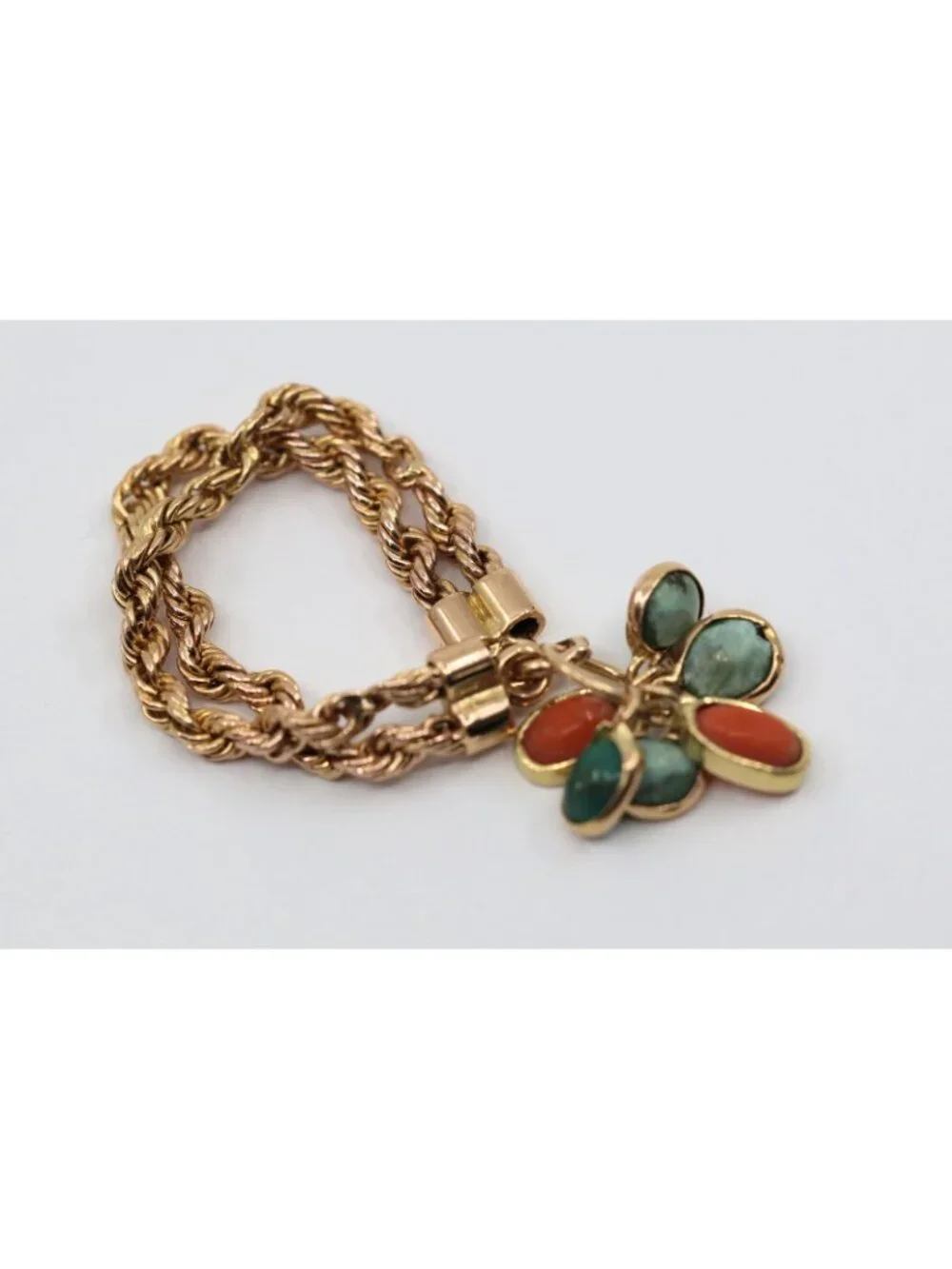 18K Solid Yellow Gold Coral & Turquoise Dangle Double Rope Chain Ring -Size 9.50